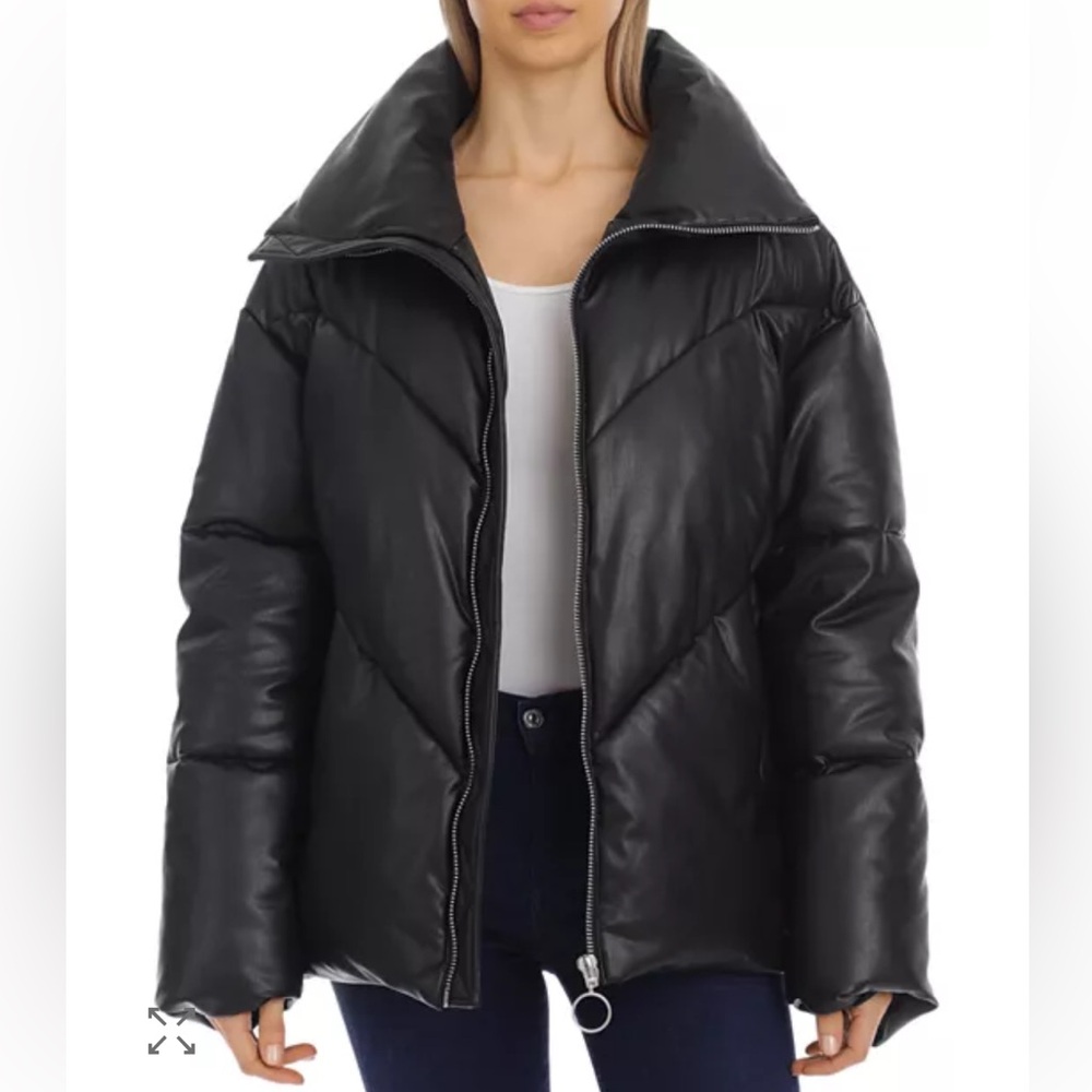 Avec Les Filles Faux Leather Quilted Black Puffer Jacket